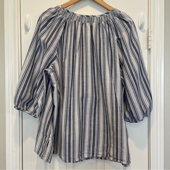 Catherines Button Up Blouse Women’s 2XL Smocked Striped 3/4 Sleeves Embroidered - Picture 2 of 10